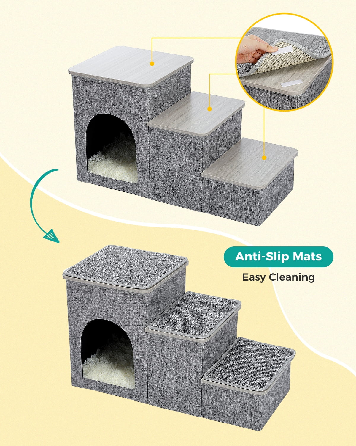 Dog Step Stair 3 Steps Storage Ladder 16" Pet Stairs for Small and Medium Dogs, Gray