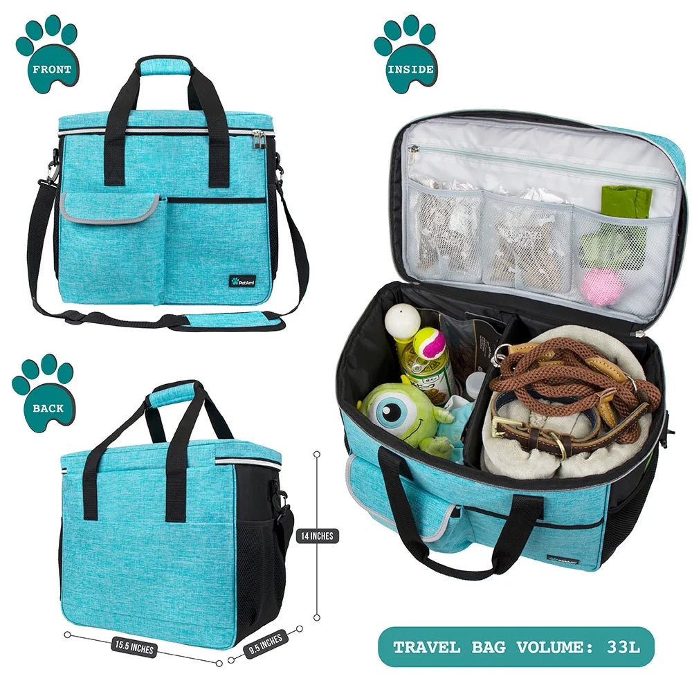 Dog Travel Bag, Travel Pet Bag Organizer, Dog Food Travel Bag with Food Container and Bowls, Dog Travel Supplies Gift Accessories for Weekend Camping, Dog Cat Diaper Bag(Sea Blue, Large)