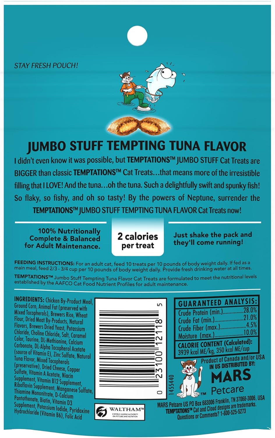 Jumbo Stuff Crunchy and Soft Cat Treats, Tempting Tuna Flavor, 2.5 Oz. Pouch (Pack of 12)