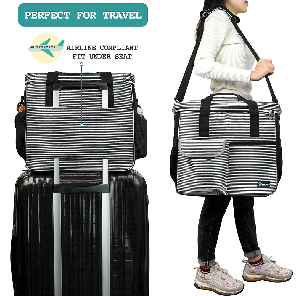Dog Travel Bag, Travel Pet Bag Organizer, Dog Food Travel Bag with Food Container and Bowls, Dog Travel Supplies Gift Accessories for Weekend Camping, Dog Cat Diaper Bag (Stripe Black, Large)