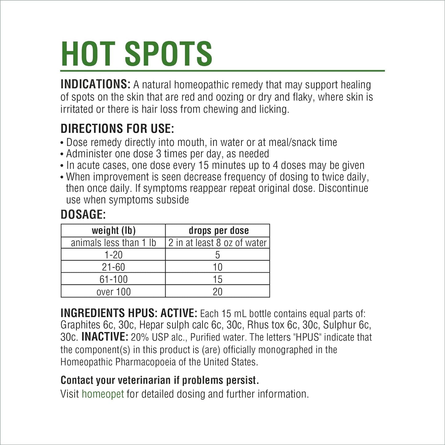 Hot Spots, Safe and Natural Cat and Dog Skin-Soothing Medicine for Red, Irritated, and Flaky Pet Skin, 15 Milliliters