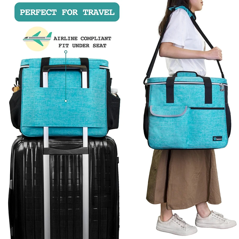 Dog Travel Bag, Travel Pet Bag Organizer, Dog Food Travel Bag with Food Container and Bowls, Dog Travel Supplies Gift Accessories for Weekend Camping, Dog Cat Diaper Bag(Sea Blue, Large)