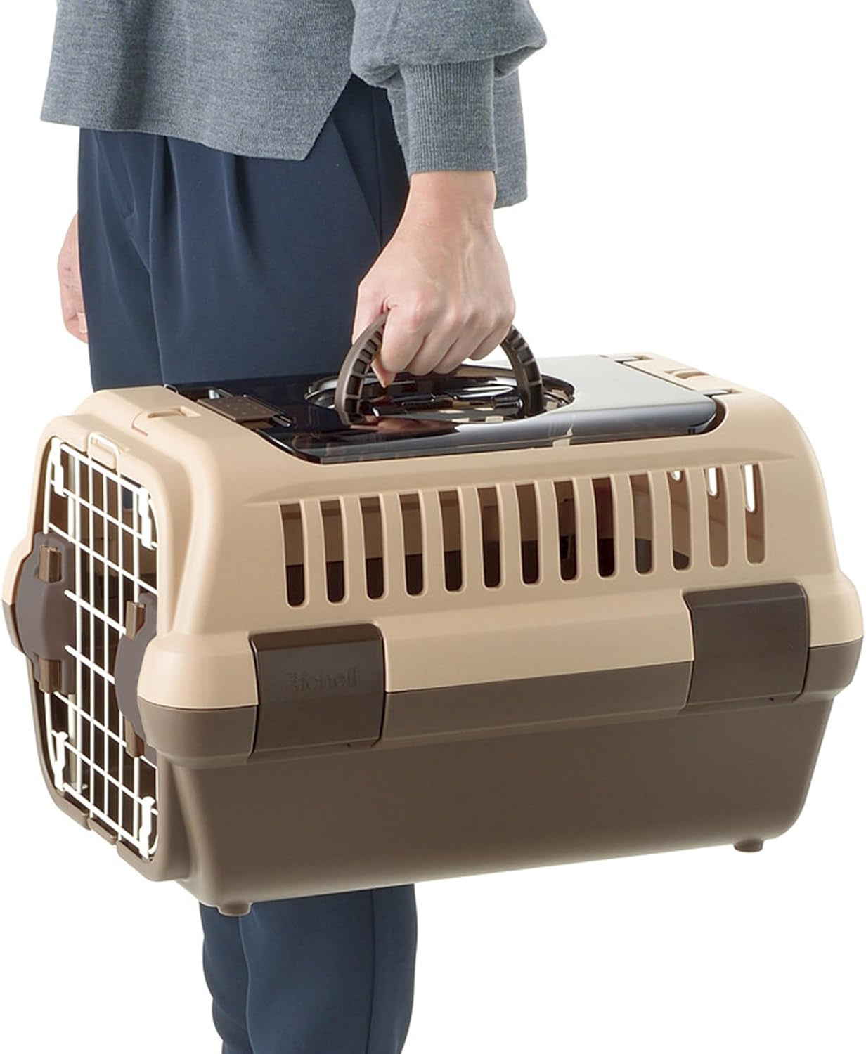 : Double Door Carrier: Small Brown - Pet Transporter, Small Cats & Dogs up to 11Lbs, Attach to Car Seat Belts, Clear Top Door, Front Entry Gate