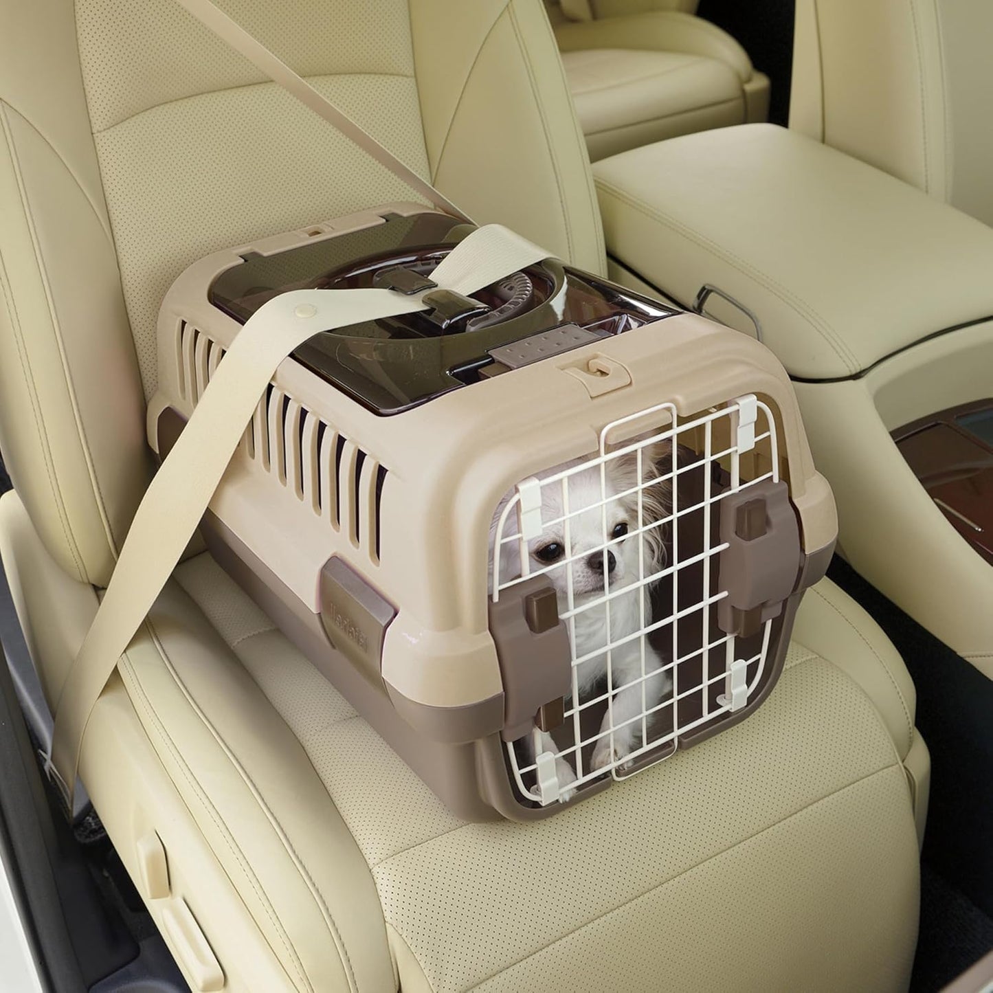 : Double Door Carrier: Small Brown - Pet Transporter, Small Cats & Dogs up to 11Lbs, Attach to Car Seat Belts, Clear Top Door, Front Entry Gate
