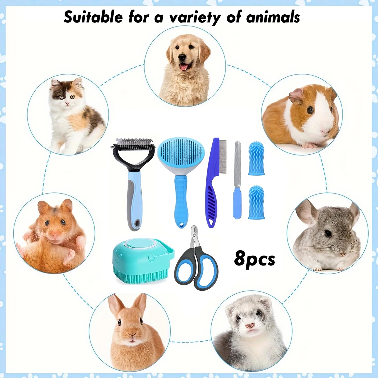 Pet Grooming Brush Kit, 8 Pcs for Shedding & Matted Fur, with Flea Comb and Dog Bath Brush, Cat Dog Brush Grooming Kits, Blue