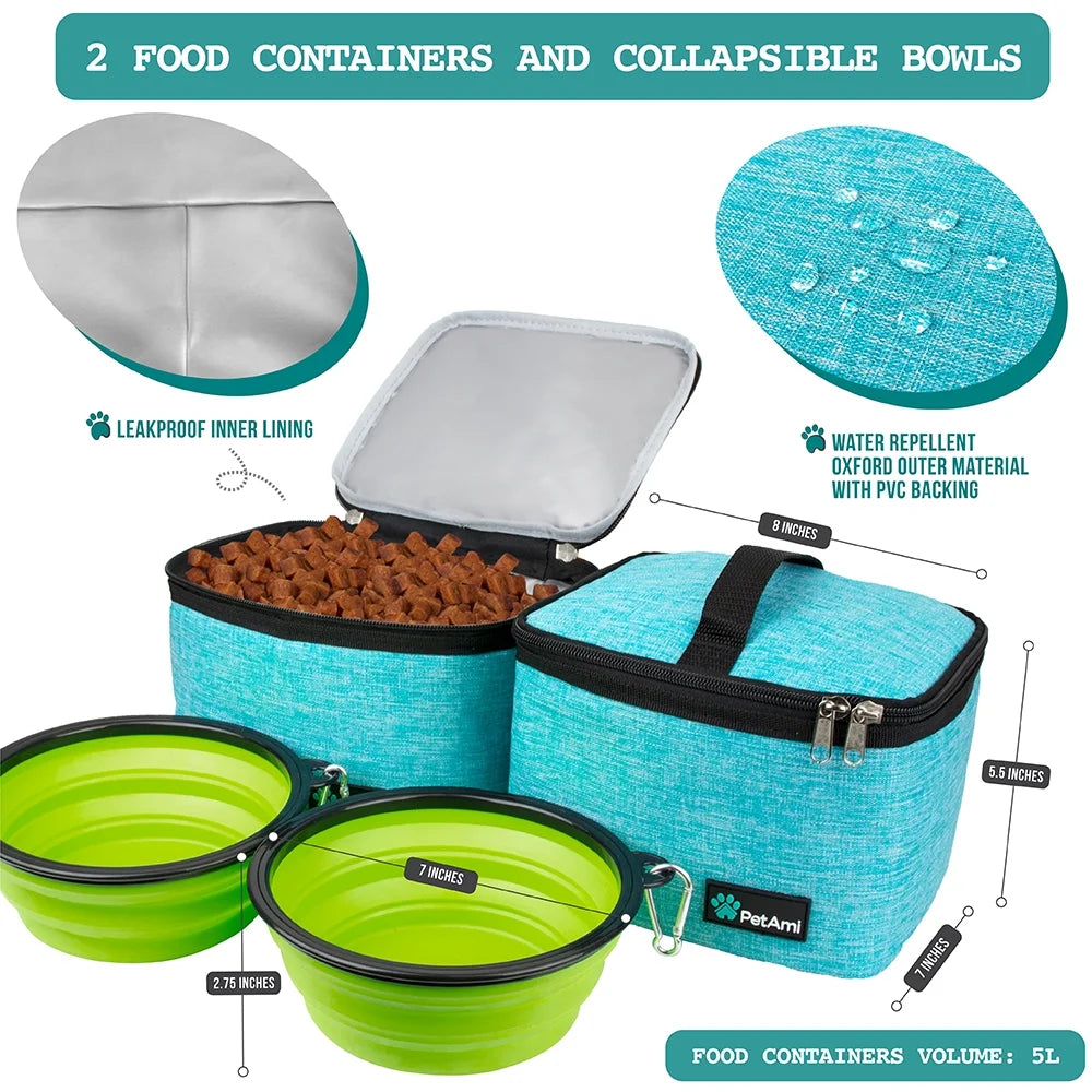 Dog Travel Bag, Travel Pet Bag Organizer, Dog Food Travel Bag with Food Container and Bowls, Dog Travel Supplies Gift Accessories for Weekend Camping, Dog Cat Diaper Bag(Sea Blue, Large)