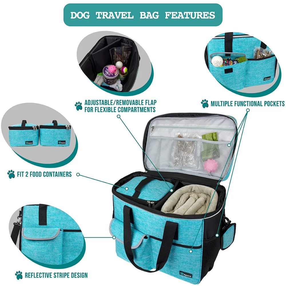 Dog Travel Bag, Travel Pet Bag Organizer, Dog Food Travel Bag with Food Container and Bowls, Dog Travel Supplies Gift Accessories for Weekend Camping, Dog Cat Diaper Bag(Sea Blue, Large)