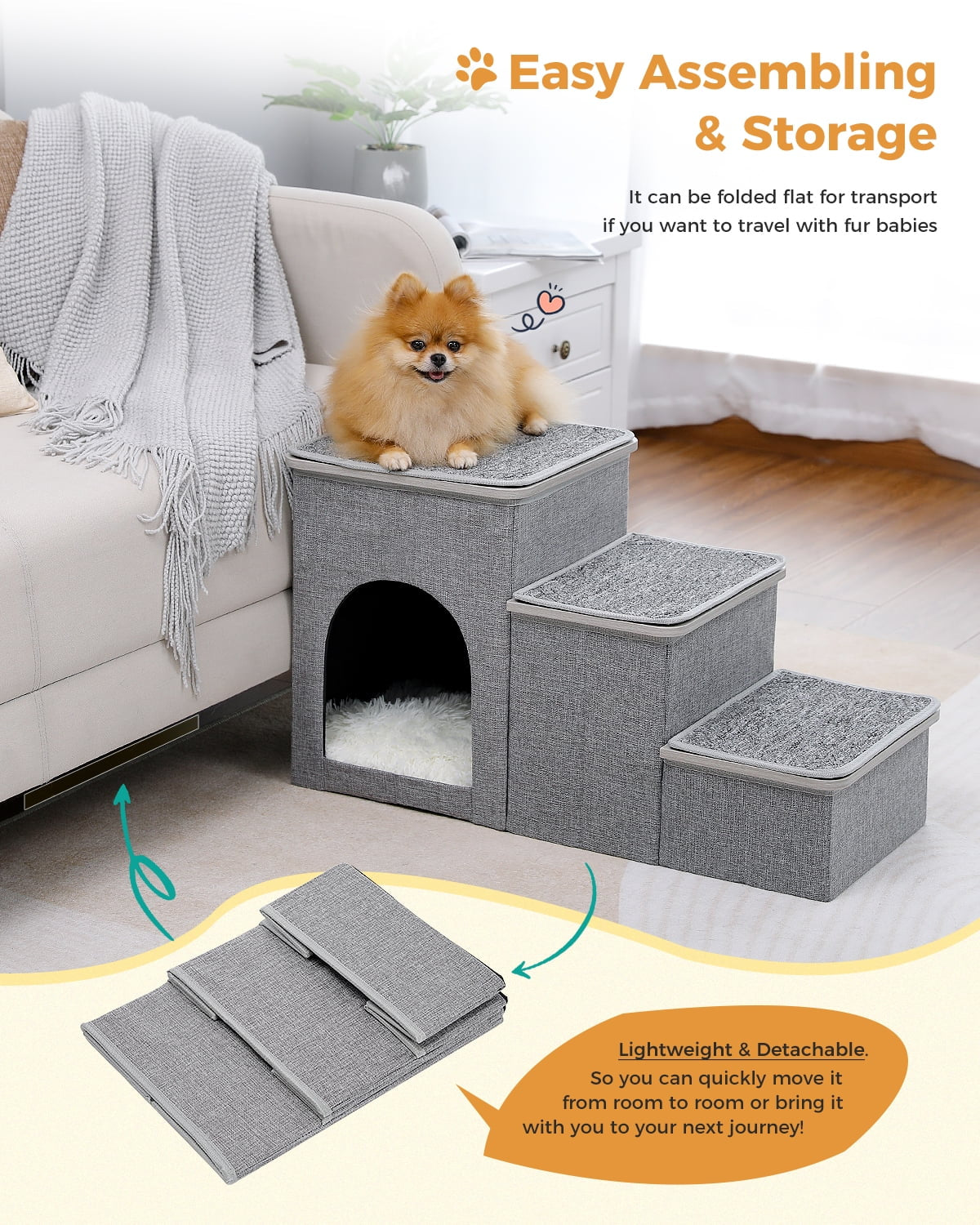 Dog Step Stair 3 Steps Storage Ladder 16" Pet Stairs for Small and Medium Dogs, Gray