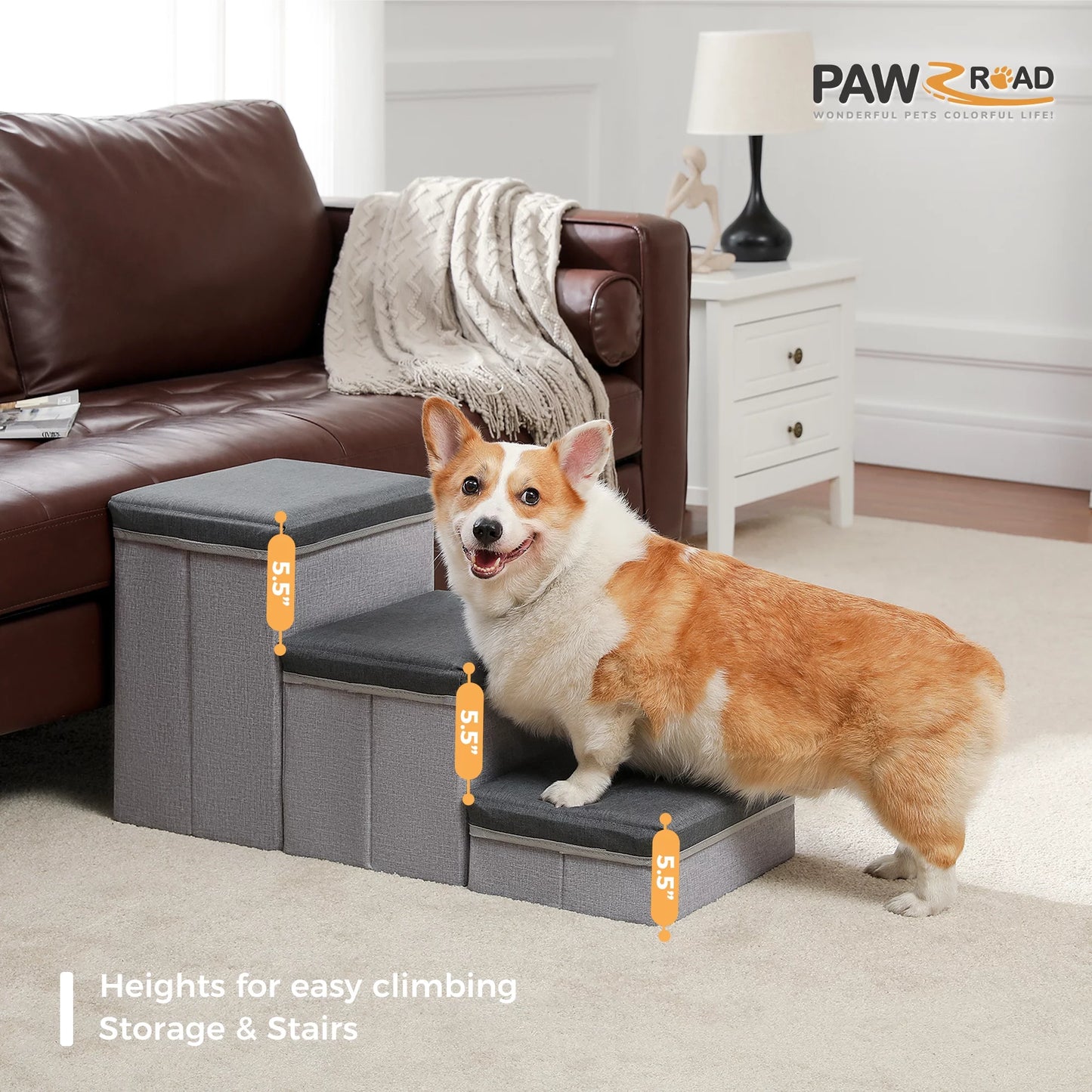 Pet Stairs 3-Step Dog Ramp Ladder with Storage Boxes Folding Ramp for Small Medium Dogs, Dark Gray