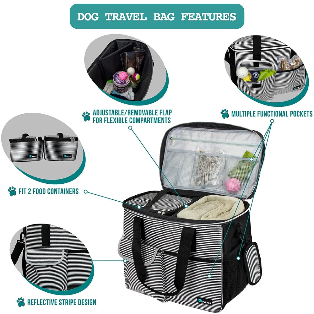 Dog Travel Bag, Travel Pet Bag Organizer, Dog Food Travel Bag with Food Container and Bowls, Dog Travel Supplies Gift Accessories for Weekend Camping, Dog Cat Diaper Bag (Stripe Black, Large)
