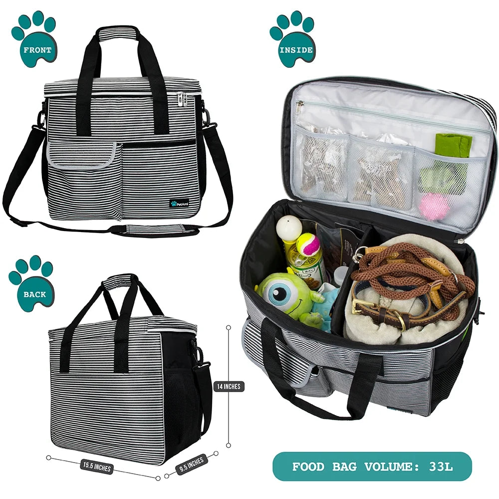 Dog Travel Bag, Travel Pet Bag Organizer, Dog Food Travel Bag with Food Container and Bowls, Dog Travel Supplies Gift Accessories for Weekend Camping, Dog Cat Diaper Bag (Stripe Black, Large)