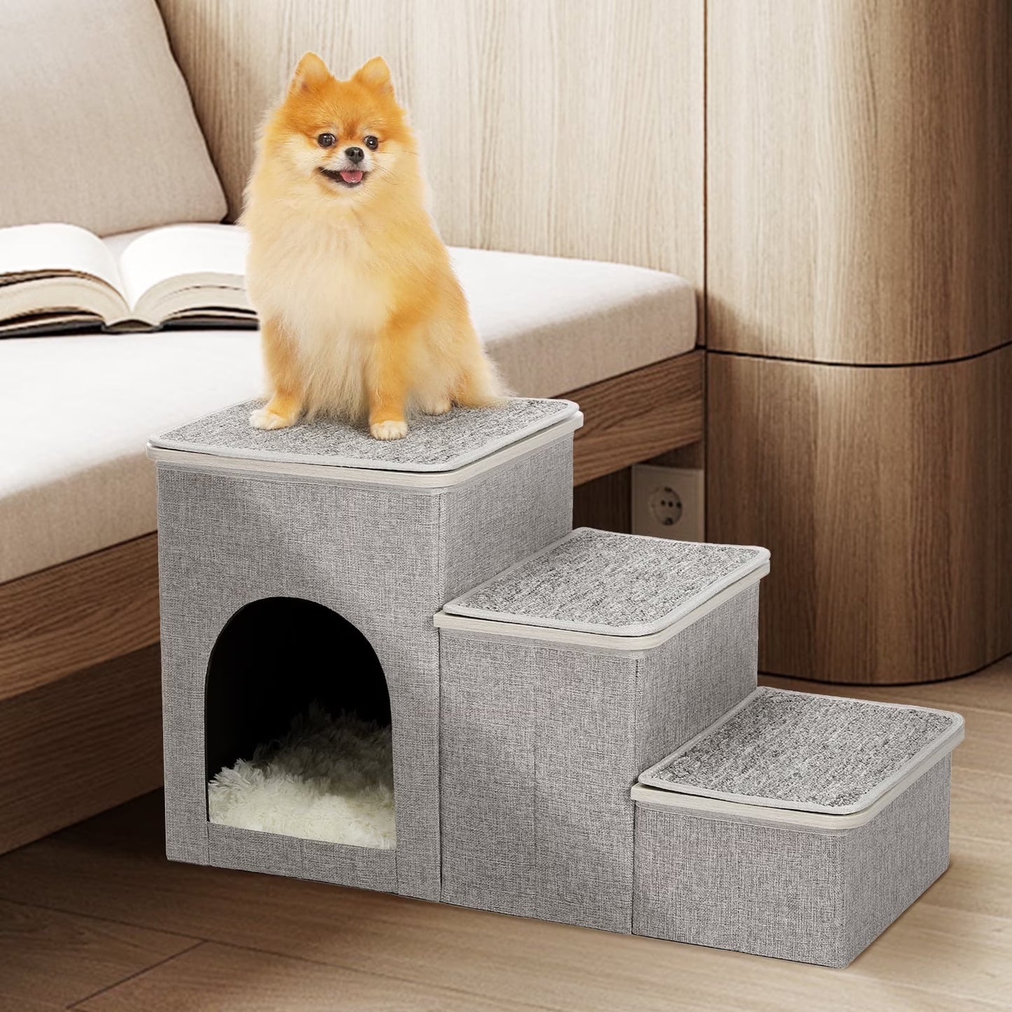 Dog Step Stair 3 Steps Storage Ladder 16" Pet Stairs for Small and Medium Dogs, Gray