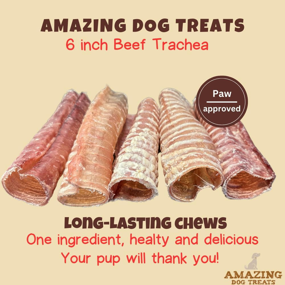 - 6 Inch Beef Trachea Dog Chews (5 Pcs - 8 Oz) - Trachea Dog Treats - NO Hide - Digestible and Safe Chews for Dogs - Glucosamine and Chondroitin for Dogs Joint Health