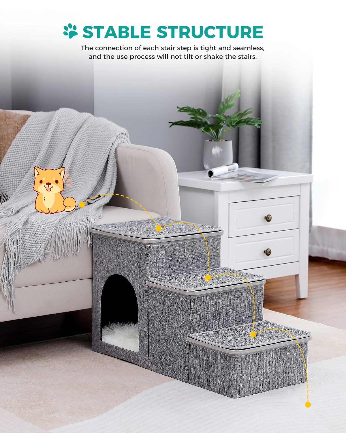 Dog Step Stair 3 Steps Storage Ladder 16" Pet Stairs for Small and Medium Dogs, Gray