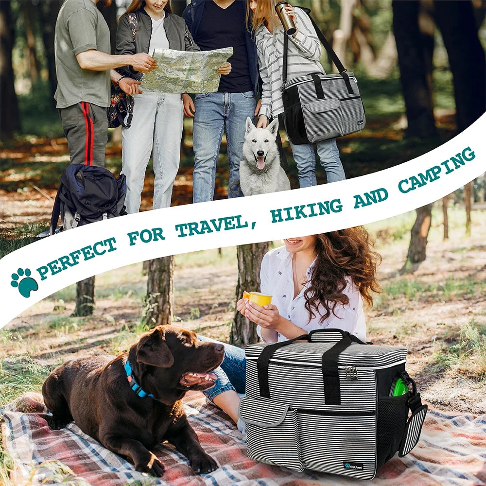 Dog Travel Bag, Travel Pet Bag Organizer, Dog Food Travel Bag with Food Container and Bowls, Dog Travel Supplies Gift Accessories for Weekend Camping, Dog Cat Diaper Bag (Stripe Black, Large)
