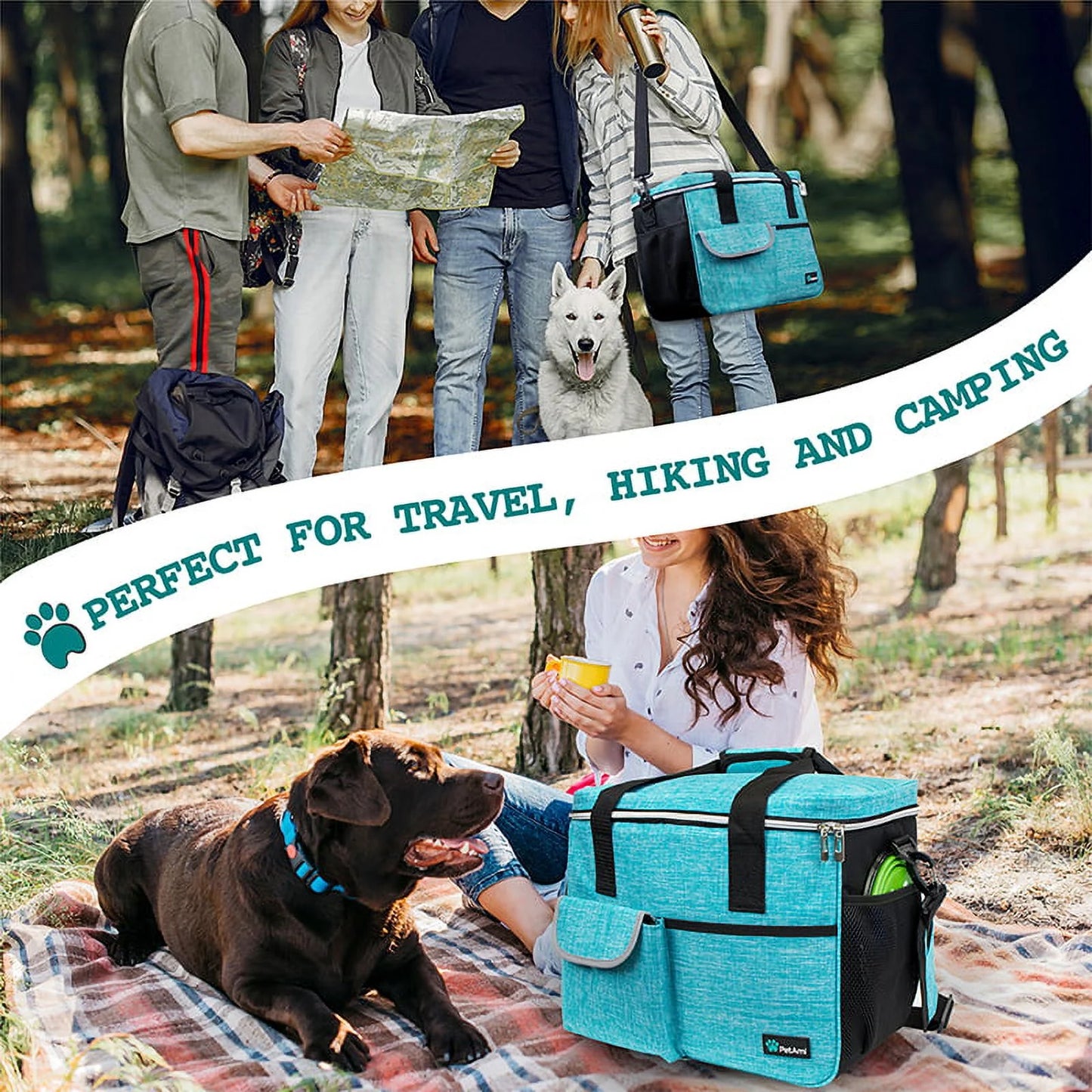 Dog Travel Bag, Travel Pet Bag Organizer, Dog Food Travel Bag with Food Container and Bowls, Dog Travel Supplies Gift Accessories for Weekend Camping, Dog Cat Diaper Bag(Sea Blue, Large)