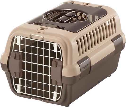 : Double Door Carrier: Small Brown - Pet Transporter, Small Cats & Dogs up to 11Lbs, Attach to Car Seat Belts, Clear Top Door, Front Entry Gate