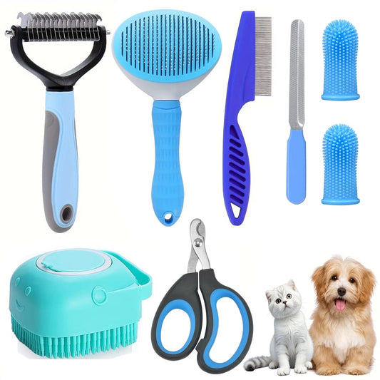 Pet Grooming Brush Kit, 8 Pcs for Shedding & Matted Fur, with Flea Comb and Dog Bath Brush, Cat Dog Brush Grooming Kits, Blue