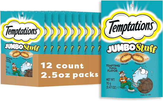 Jumbo Stuff Crunchy and Soft Cat Treats, Tempting Tuna Flavor, 2.5 Oz. Pouch (Pack of 12)