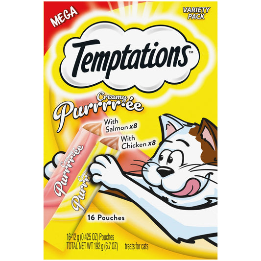 Creamy Puree Salmon and Chicken Lickable Cat Treats Variety Pack, (16) 12G Pouches
