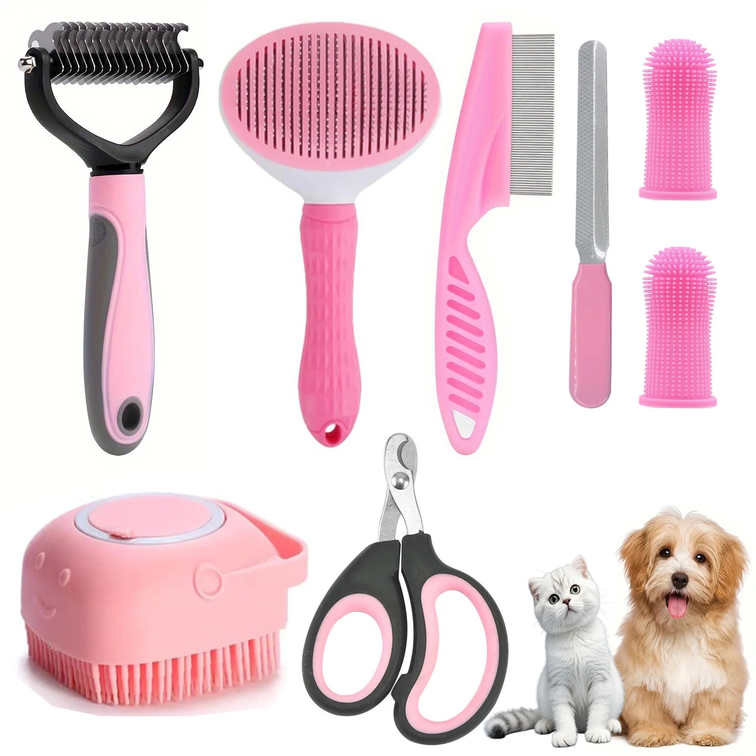 Pet Grooming Brush Kit, 8 Pcs for Shedding & Matted Fur, with Flea Comb and Dog Bath Brush, Cat Dog Brush Grooming Kits, Pink