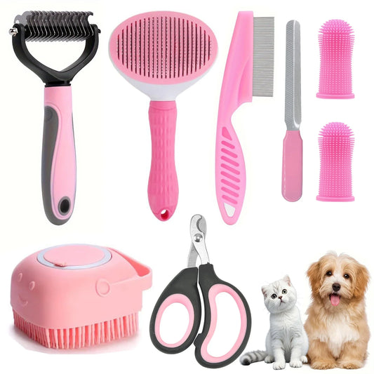 Pet Grooming Brush Kit, 8 Pcs for Shedding & Matted Fur, with Flea Comb and Dog Bath Brush, Cat Dog Brush Grooming Kits, Pink